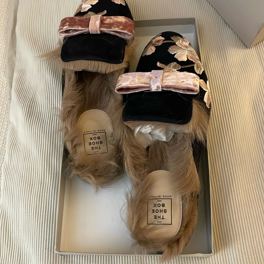 Blue suede slip on loafers with fur inside